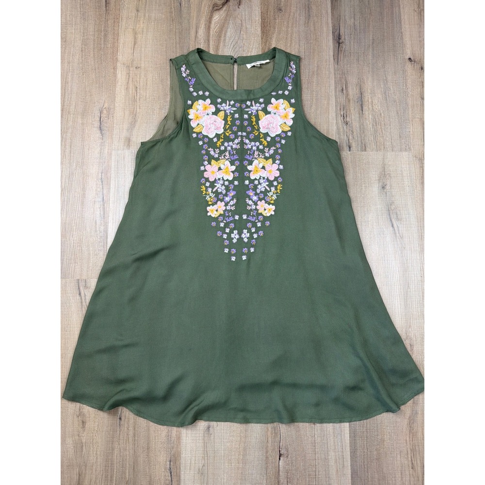 Andree by Unit Olive Green Floral Embroidered Sleeveless Boho Mini Dress Medium